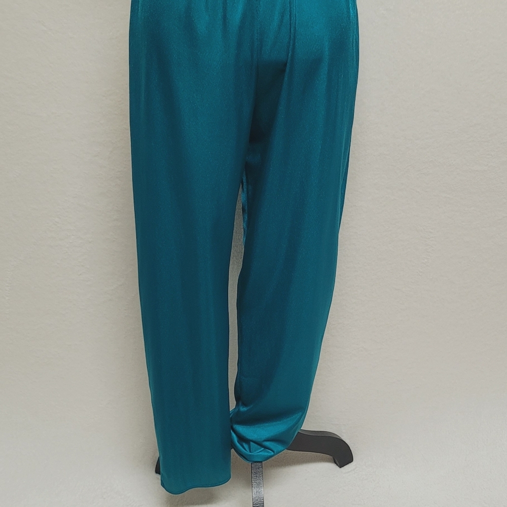 70s Vintage Lady Cameo Dallas Turquoise Lace Plunging Neckline Belted Jumpsuit M - Picture 7 of 14